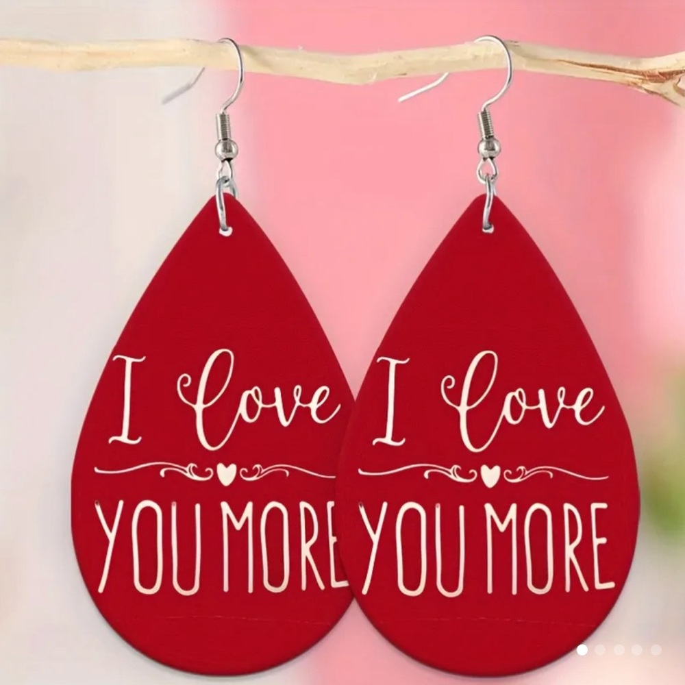 Valentine Earrings Heart Pattern Faux Leather Double Side Pattern Teardrops
